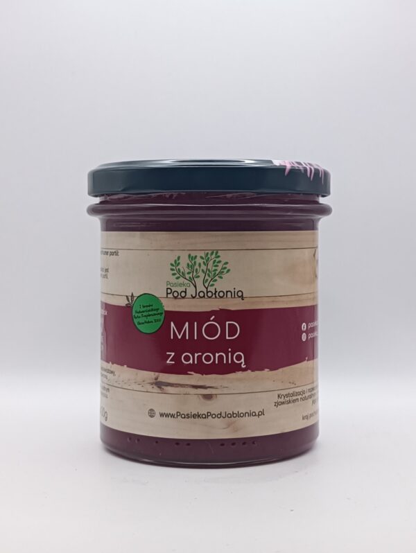 Miód z aronią Pasieka pod Jabłonią w szklanym słoiku
